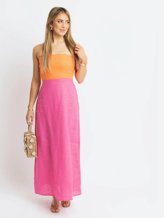 Karlie Dresses & Skirts - Karlie Boutique Colorblock Linen Bustier Maxi Dress Pink & Orange Small NWT $138